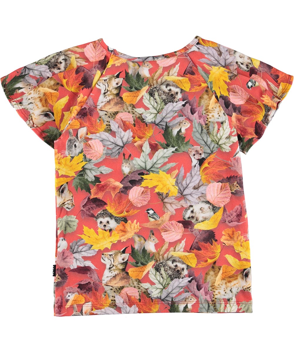Rachel - Forest Play - Rote Öko-Bluse mit Blättern und Tieren