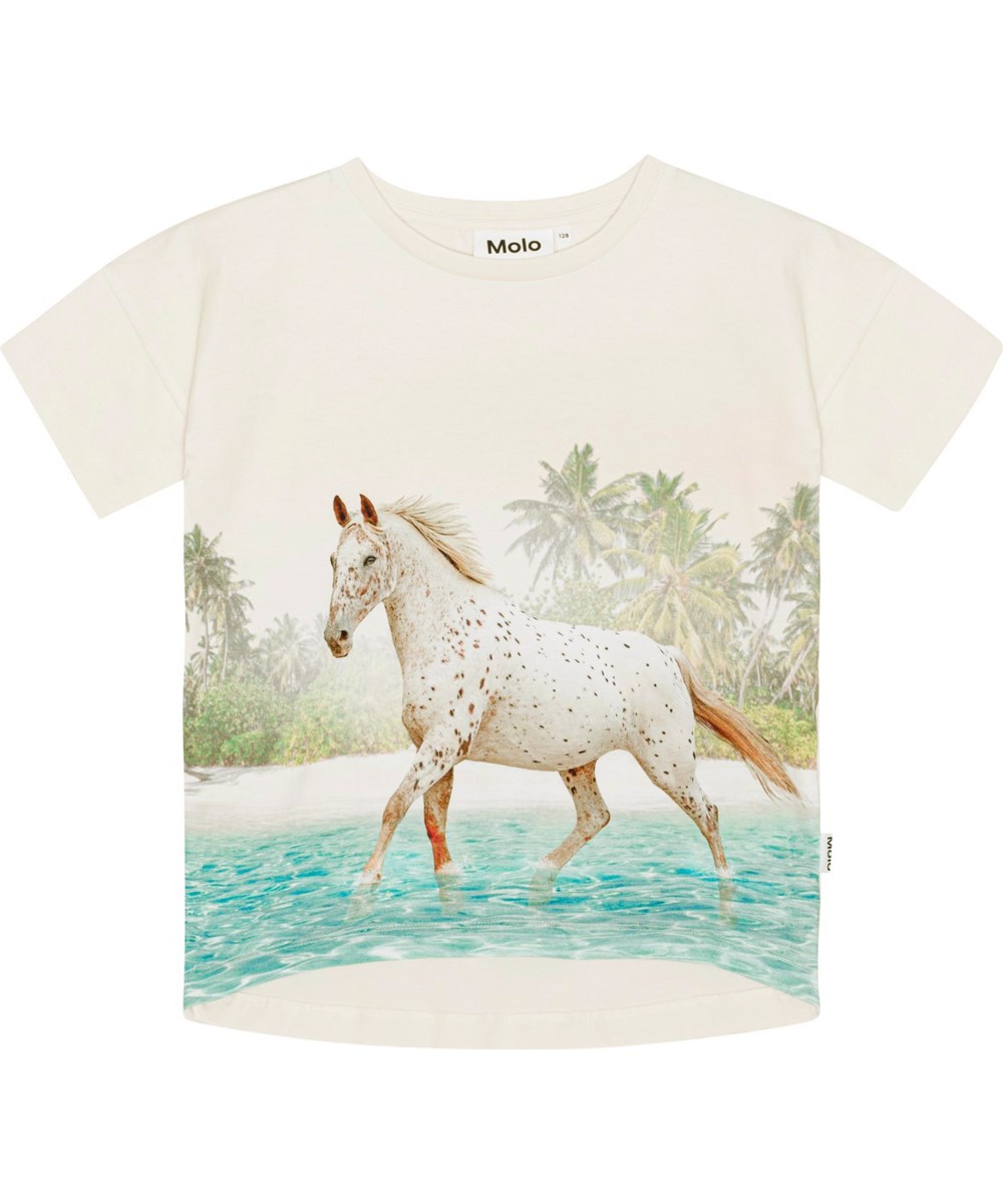 Raeesa - Horse On Beach - Weißes T-Shirt aus Öko-Baumwolle mit Pferdeaufdruck