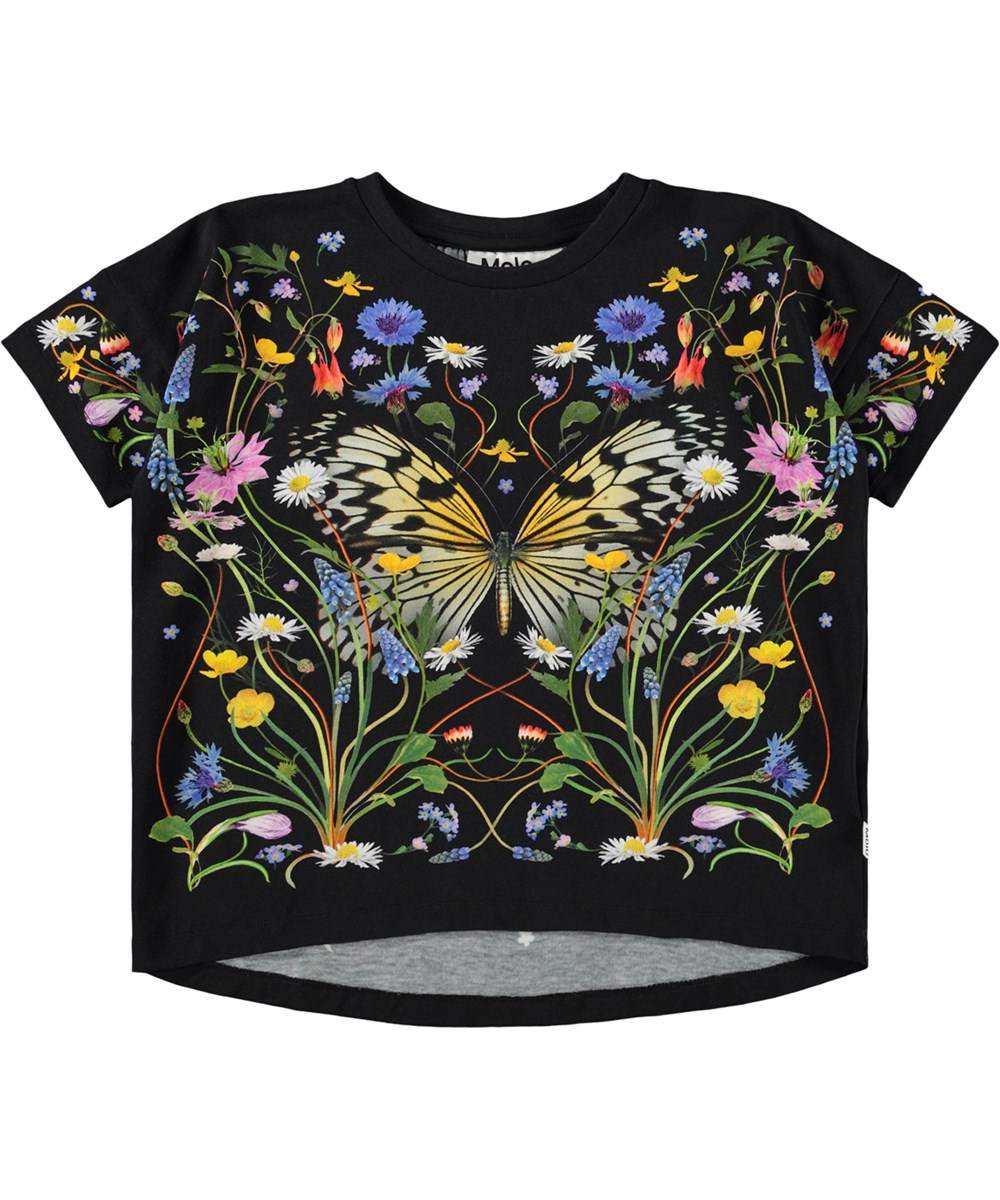 Raeesa - Nouveau Butterfly - Schwarzes T-Shirt für Kinder aus Öko-Baumwolle mit Blumenmuster