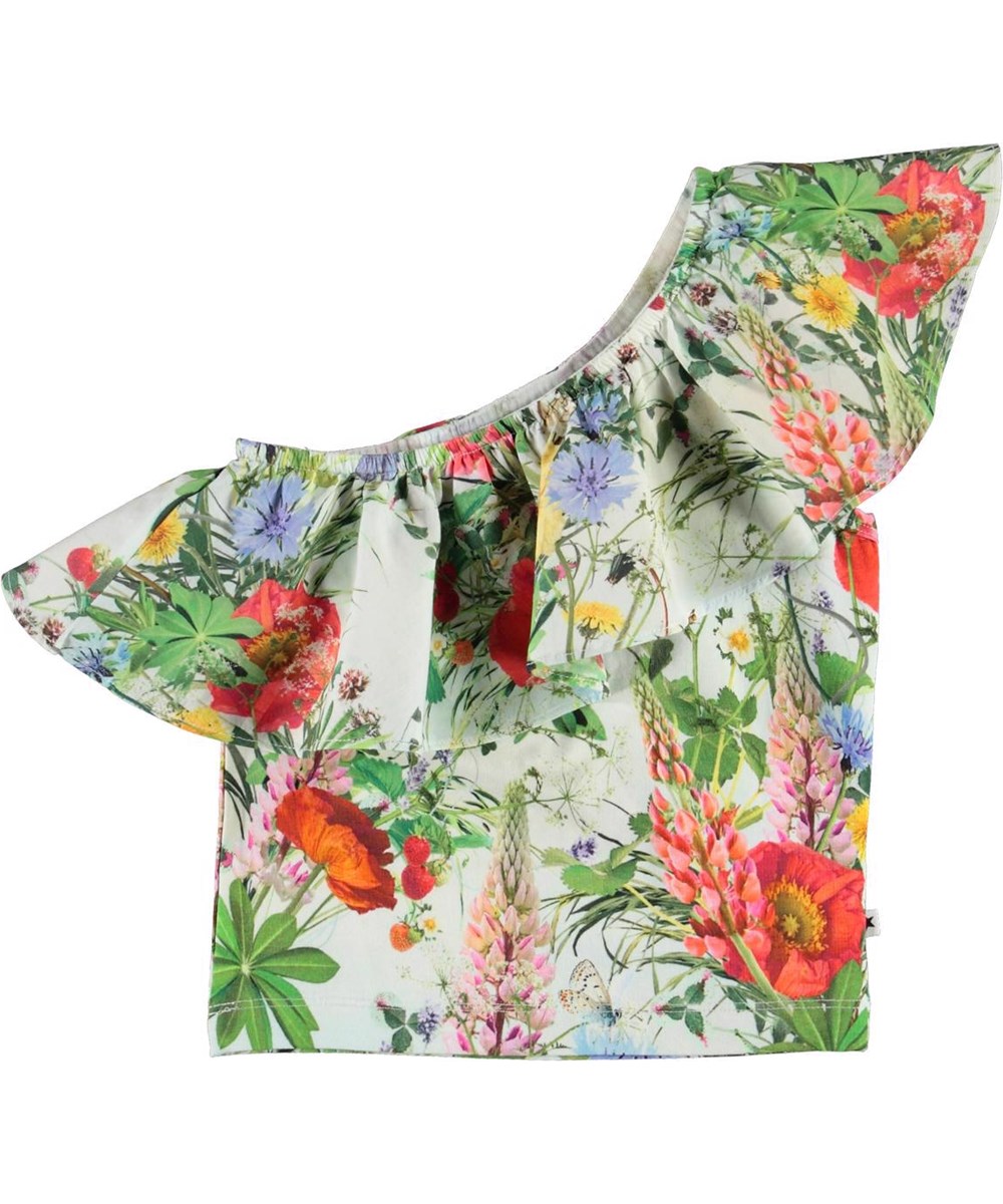 Raelyn - Meadow - Asymmetrisches Strohtop mit Rüschen und Wiesenblumen