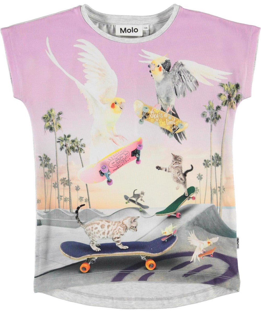 Ragnhilde - Rollin Birds - Öko-T-Shirt in Lila mit Vögeln und Skateboards