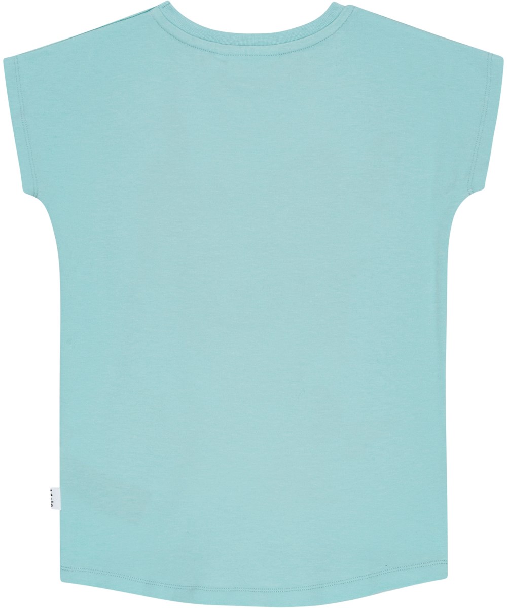 Ragnhilde - Bonjour - Hellblaues T-Shirt aus Öko-Baumwolle mit fröhlichem Hundeaufdruck.