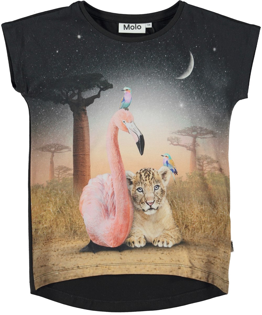 Ragnhilde - Flamingo And Cub - Schwarzes Öko-T-Shirt mit Flamingo- und Leopardenmuster