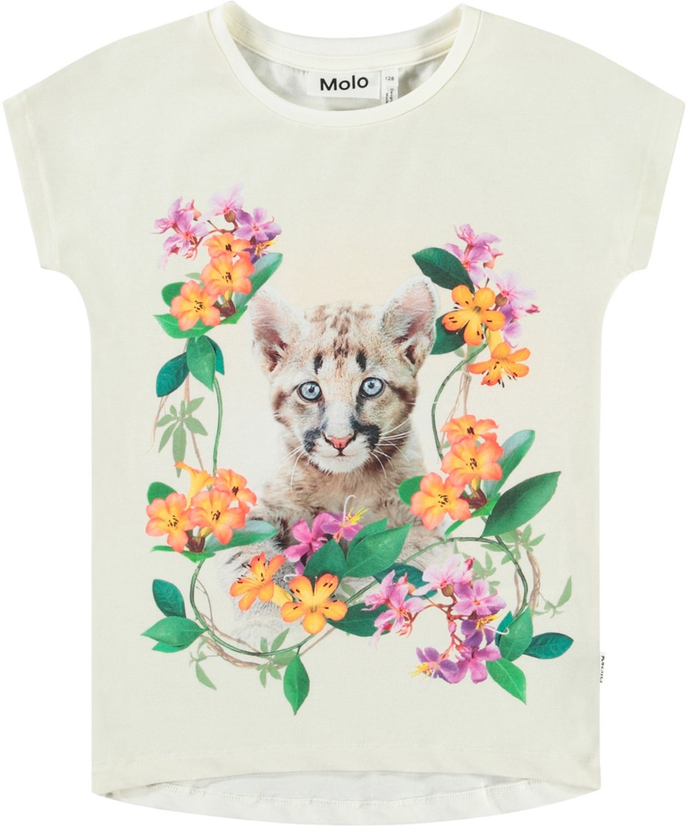 Ragnhilde - Floral Puma - Weißes T-Shirt mit Aufdruck für Kinder aus weicher Öko-Baumwolle mit Rundhalsausschnitt und kurzen Ärmeln.