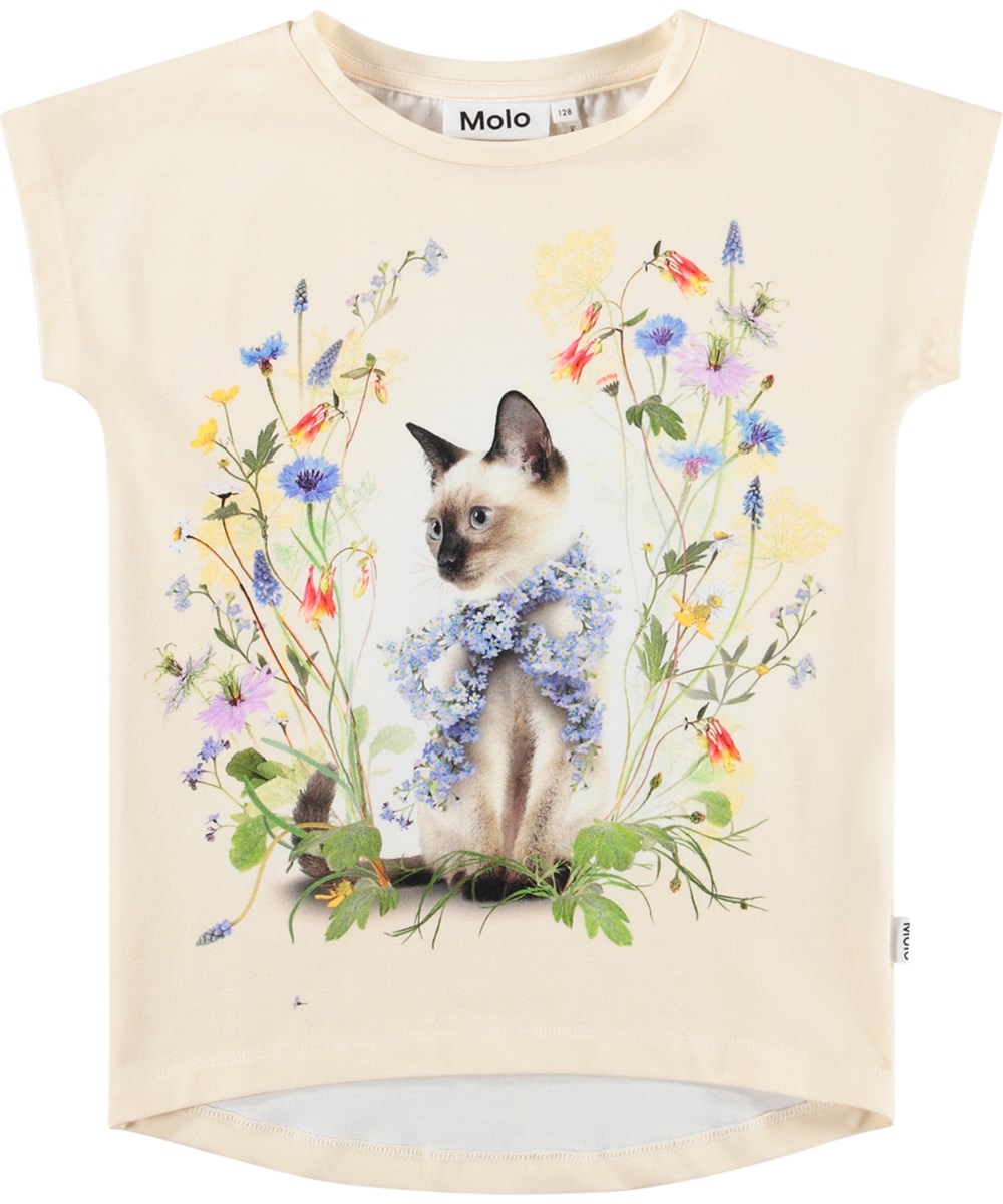 Ragnhilde - Nature Bow - Off-White T-Shirt für Kinder aus Öko-Baumwolle mit Katzenmotiv
