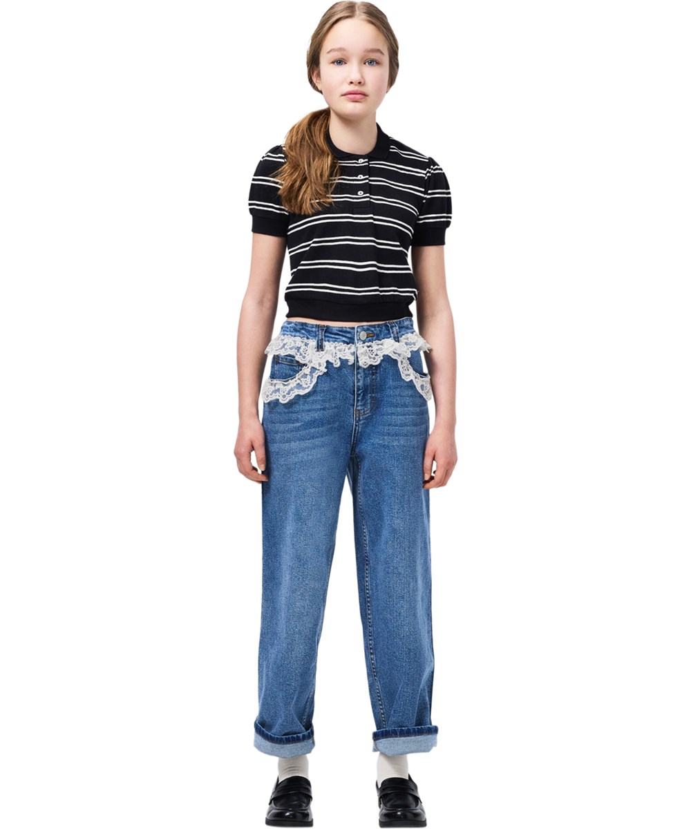 Raki - Black Ivory Stripe - Poloshirt mit weißen und schwarzen Streifen für Kinder aus Öko-Baumwolle