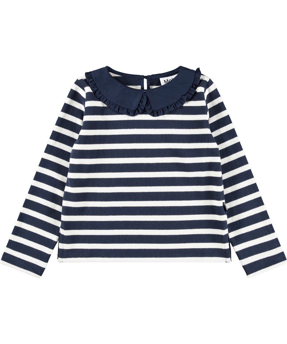 Rama - Blue Cream - Bretonisches blau-weiß gestreiftes Langarmshirt für Kinder aus weicher Viskose-Baumwolle mit einem Kragen, der hinten am Hals mit einem Knopf verschließt.