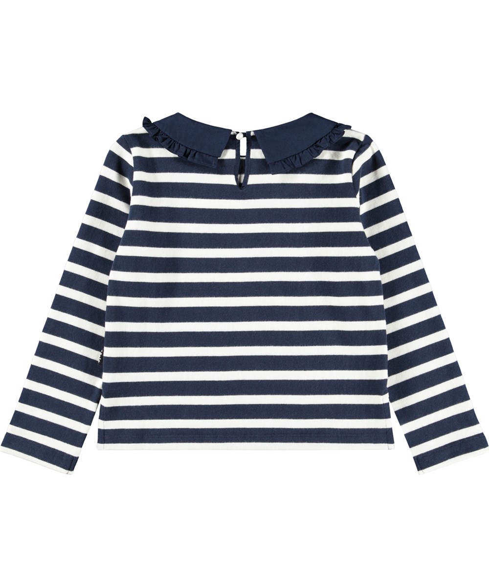 Rama - Blue Cream - Bretonisches blau-weiß gestreiftes Langarmshirt für Kinder aus weicher Viskose-Baumwolle mit einem Kragen, der hinten am Hals mit einem Knopf verschließt.