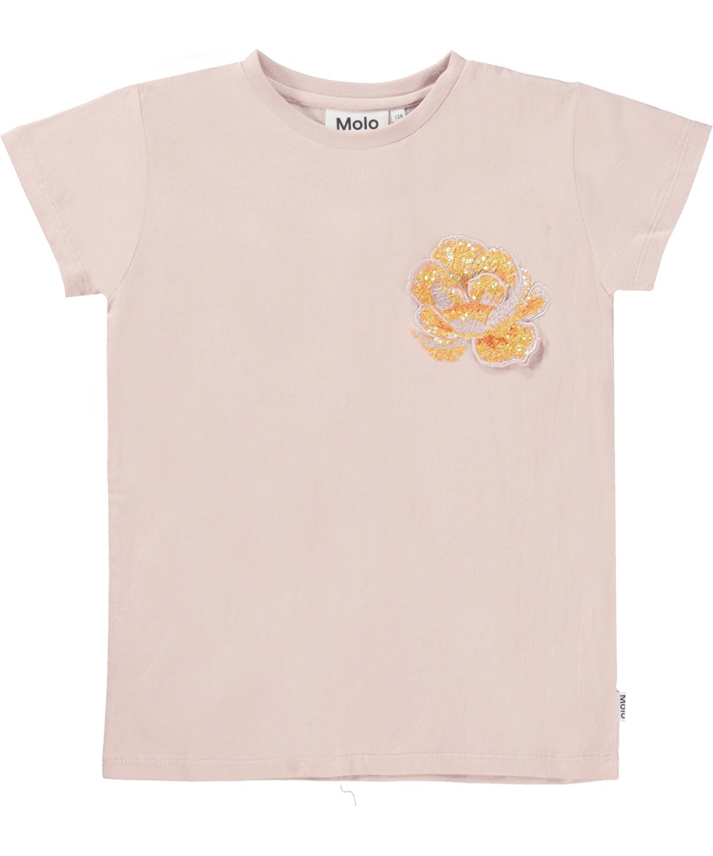 Ranva - Sequin Roses - Schmal geschnittenes rosafarbenes T-Shirt mit floraler Palliette-Stickerei