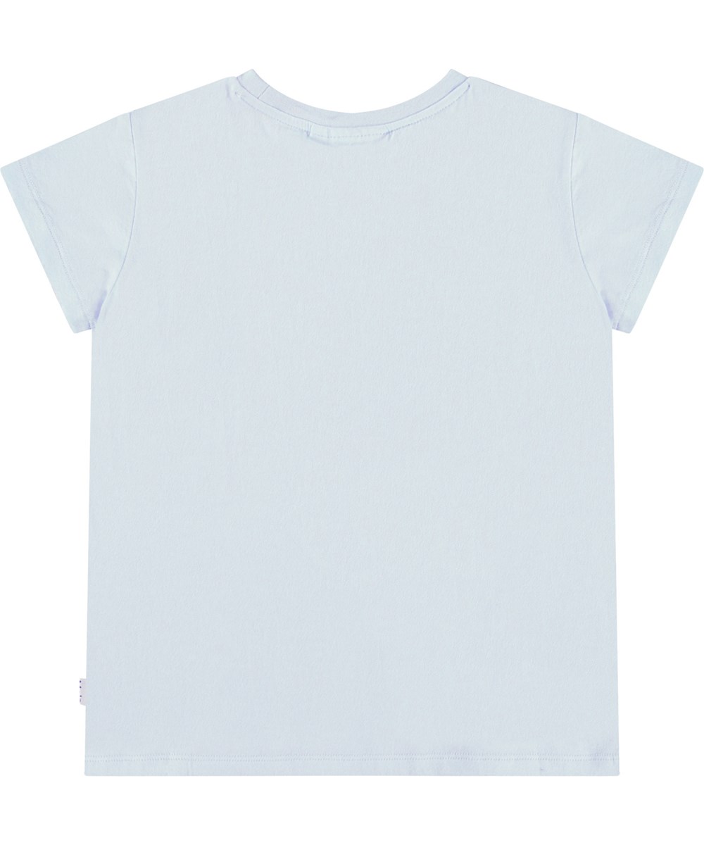 Ranva - Shiny Fruits - Hellblaues T-Shirt mit kurzen Ärmeln und Paillettenstickerei für Kinder aus Öko-Baumwolle mit Rundhalsausschnitt.