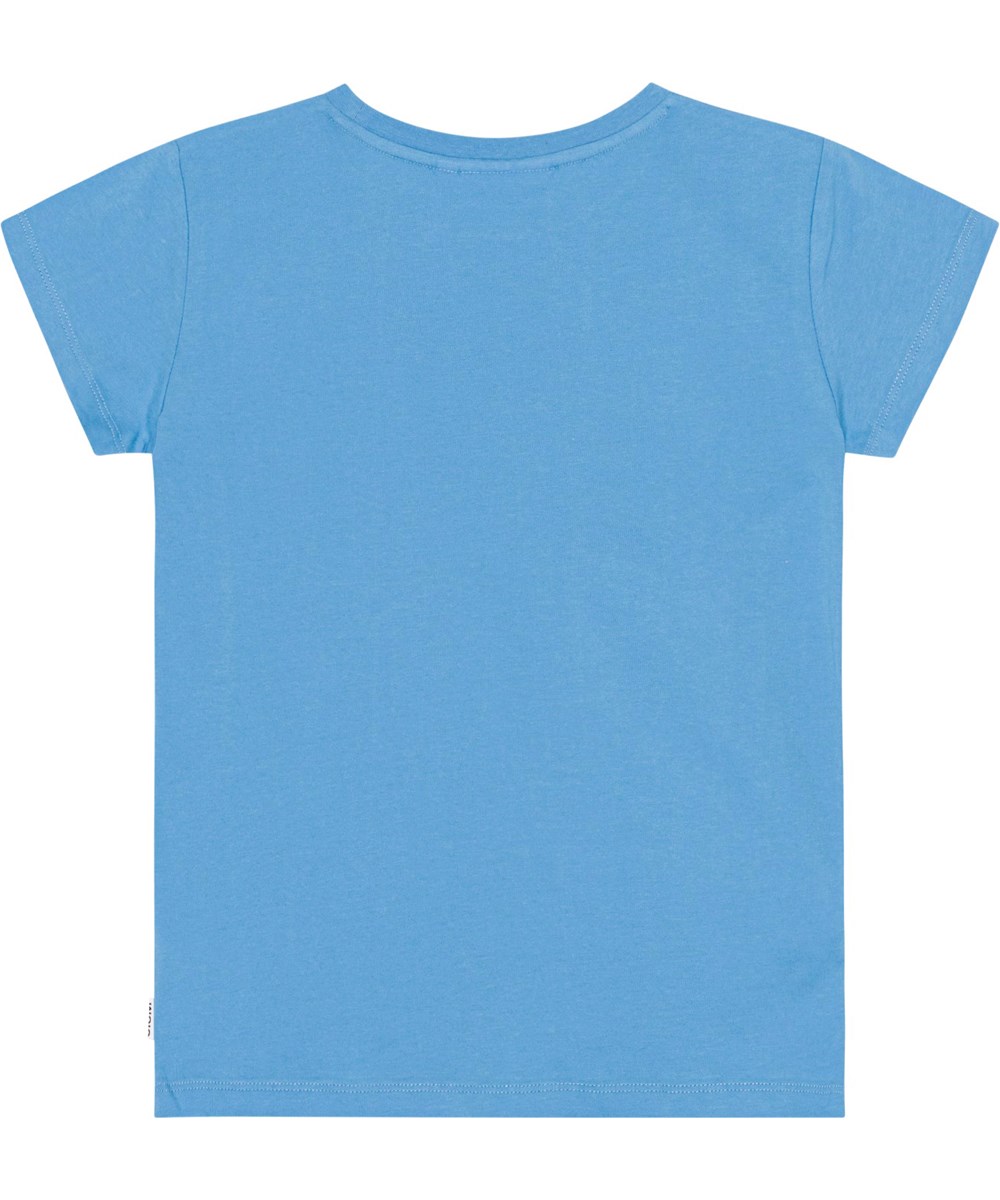 Ranva - Tennis Smile - Blaues Kurzarm-T-Shirt aus Öko-Baumwolle mit einer Pailletten-Stickerei eines lächelnden gelben Tennisballs auf der Brust