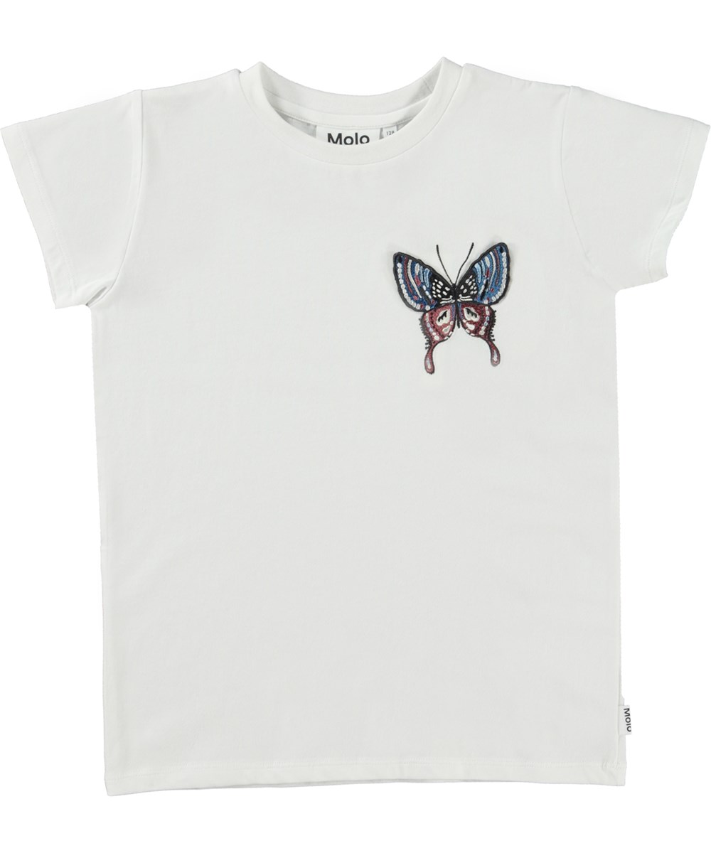 Ranva - White - Weißes, schmal geschnittenes T-Shirt mit Schmetterlingsstickerei