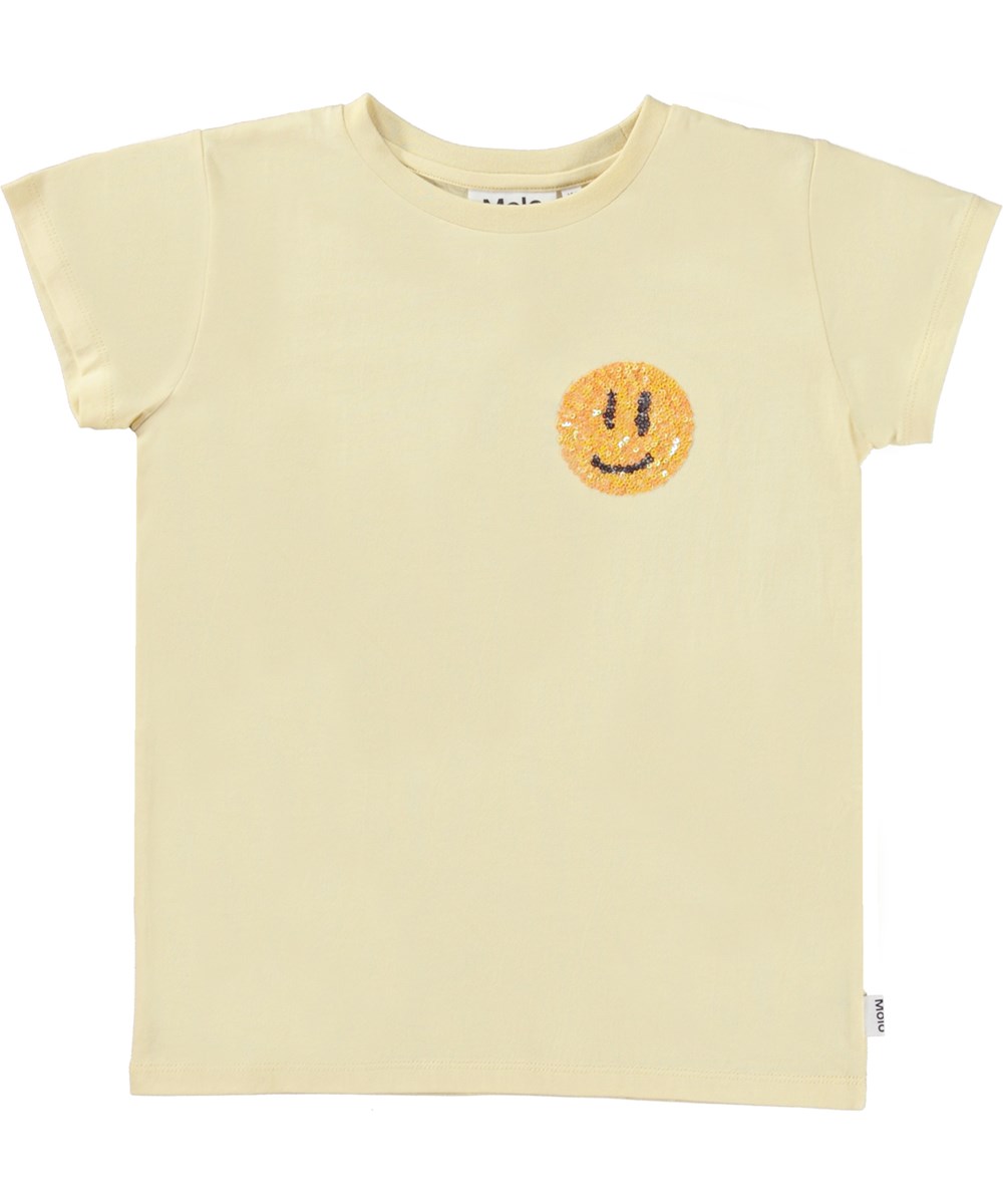 Ranva - Yellow Smile - Hellgelbes, schmal geschnittenes T-Shirt mit lächelnder Pallietten-Stickerei