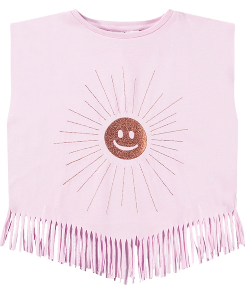 Rassita - Glowing - Pinkes Oversized-Top für Kinder aus Öko-Baumwolle mit geripptem Ausschnitt und Fransen am Saum.