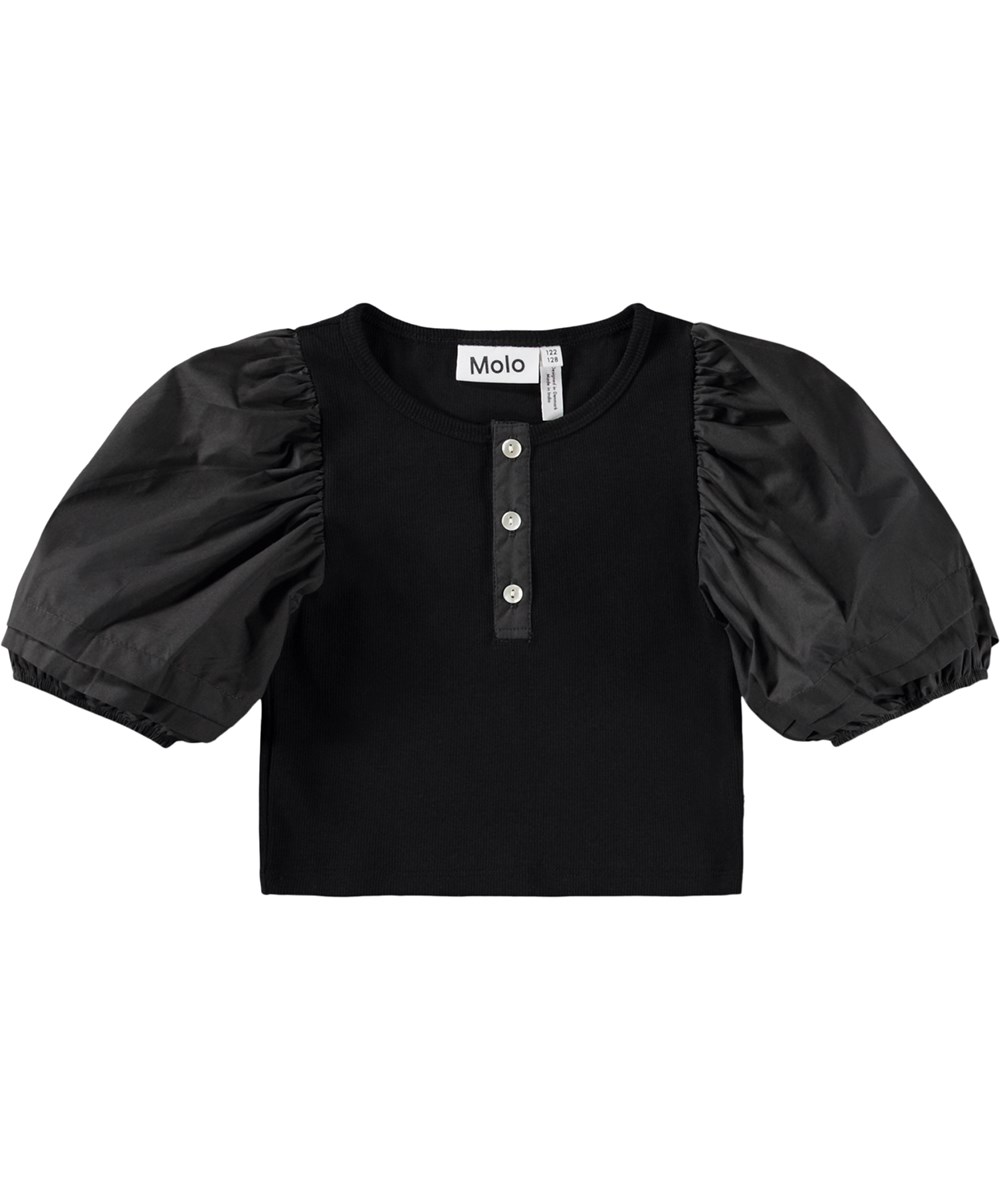 Rawna - Raven - Schwarzes, bauchfreies T-Shirt für Kinder aus Öko-Baumwolle