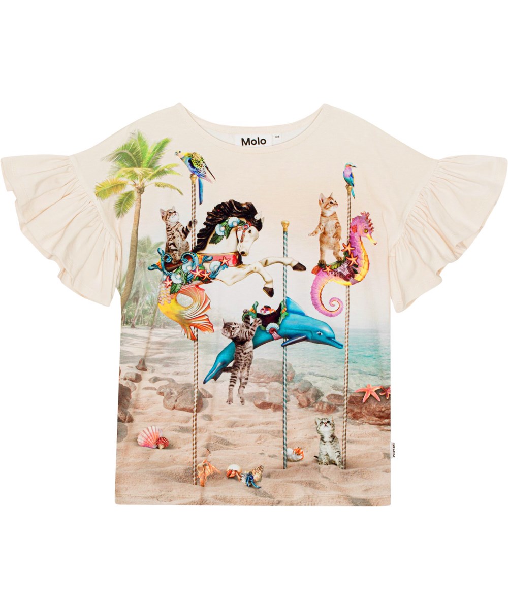 Rayah - Carousel Cats - Weißes T-Shirt aus Öko-Baumwolle mit Rüschenärmeln