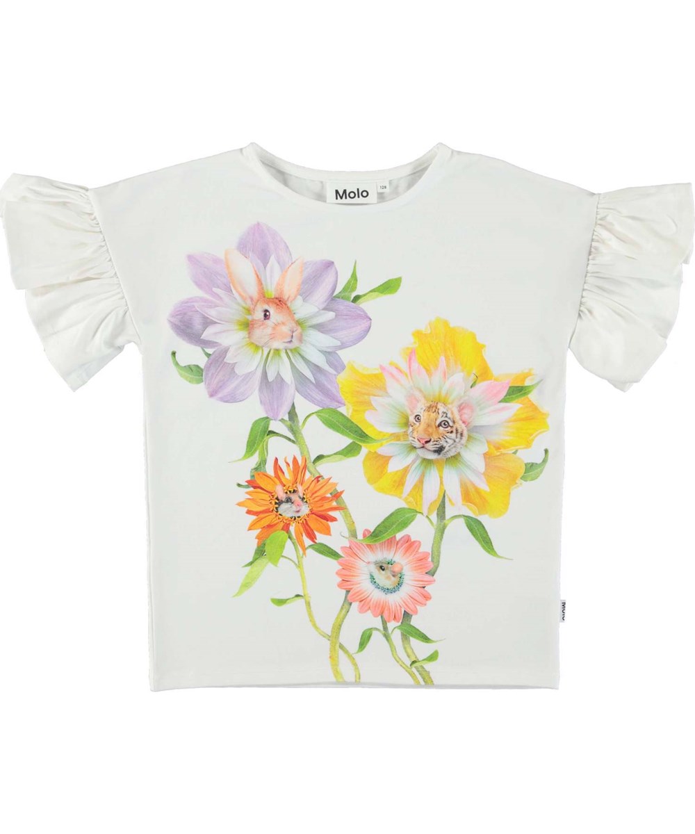 Rayah - Imagine Flowers - Öko-T-Shirt mit Rüschenärmeln und Blumendruck
