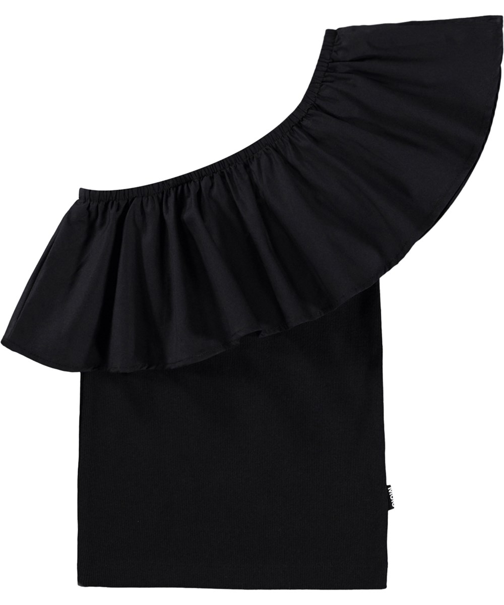 Rebecca - Black - Schwarzes One-Shoulder-Top für Kinder aus Öko-Baumwolle