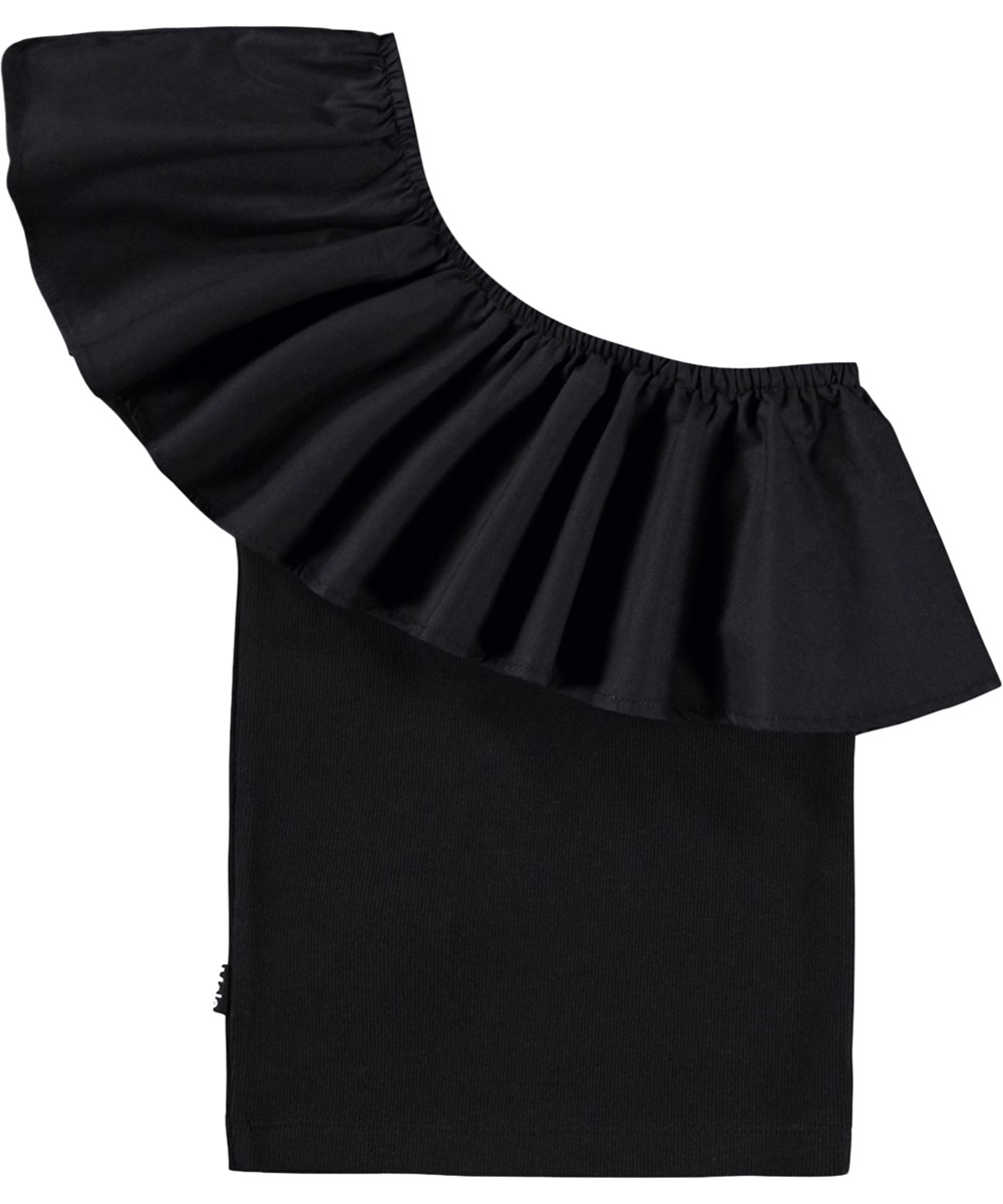 Rebecca - Black - Schwarzes One-Shoulder-Top für Kinder aus Öko-Baumwolle