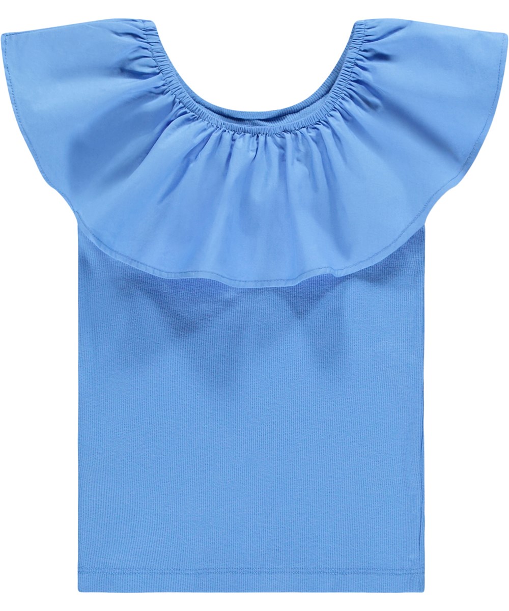 Reca - Blue Flower - Blaues schulterfreies Oberteil für Kinder aus Öko-Baumwolle