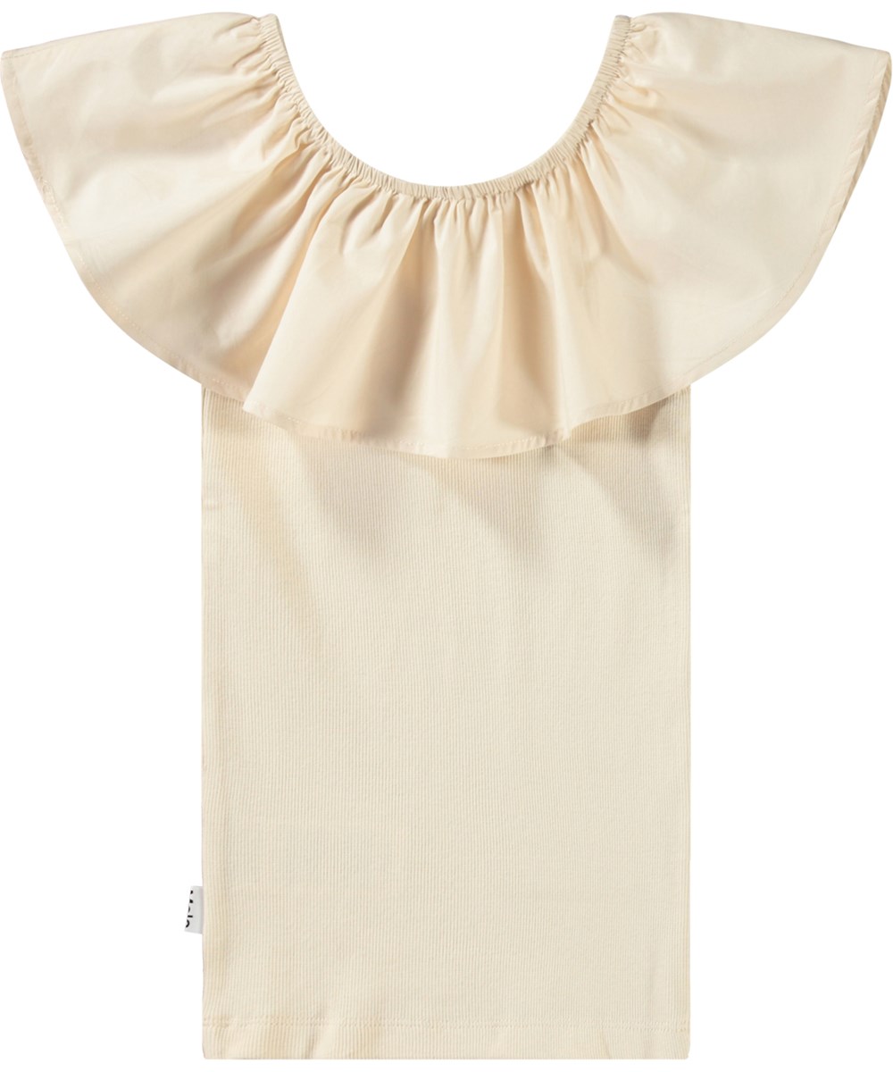 Reca - Brazilian Sand - Beiges schulterfreies Oberteil ohne Ärmel aus weicher Öko-Baumwolle mit Stretch.