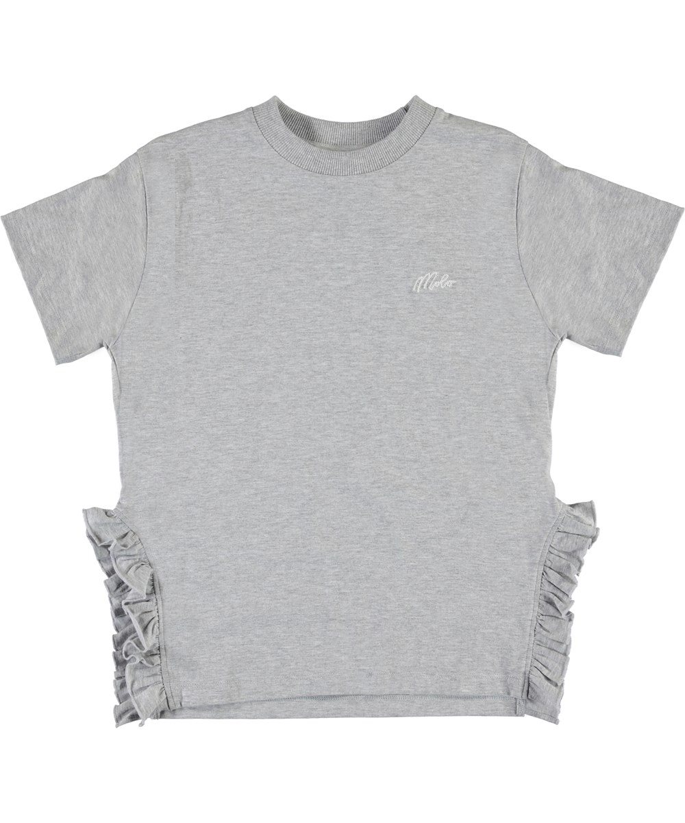 Regina - Light Grey Melange - Graues T-Shirt mit Rüschen