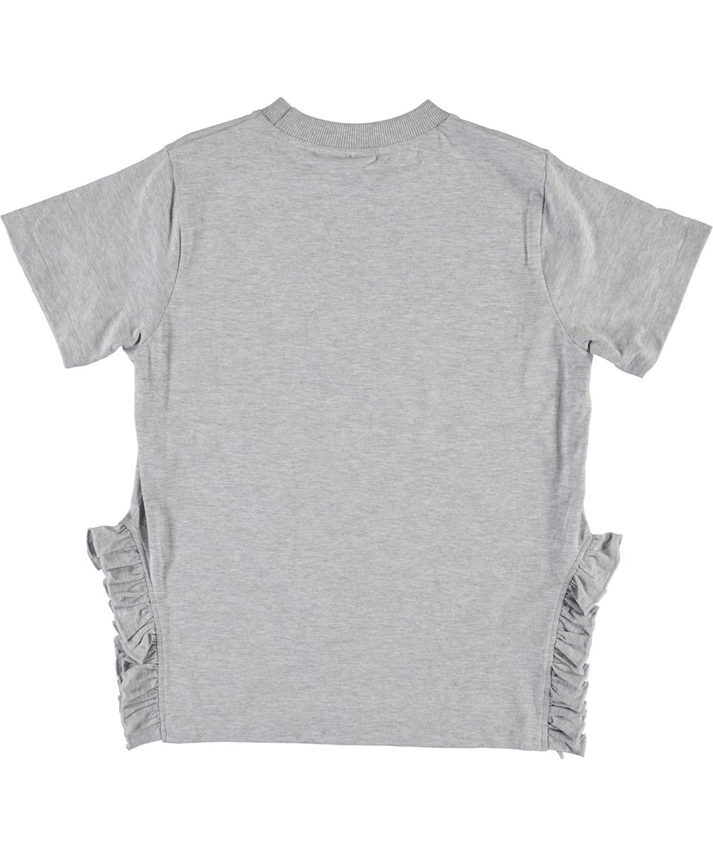 Regina - Light Grey Melange - Graues T-Shirt mit Rüschen