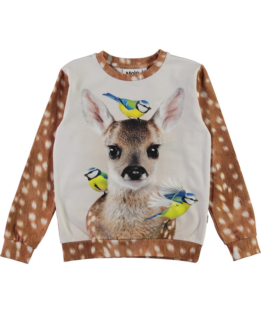 Regine - Fawn And Birds - Öko brauner Pullover mit weißen Flecken und Hirsch