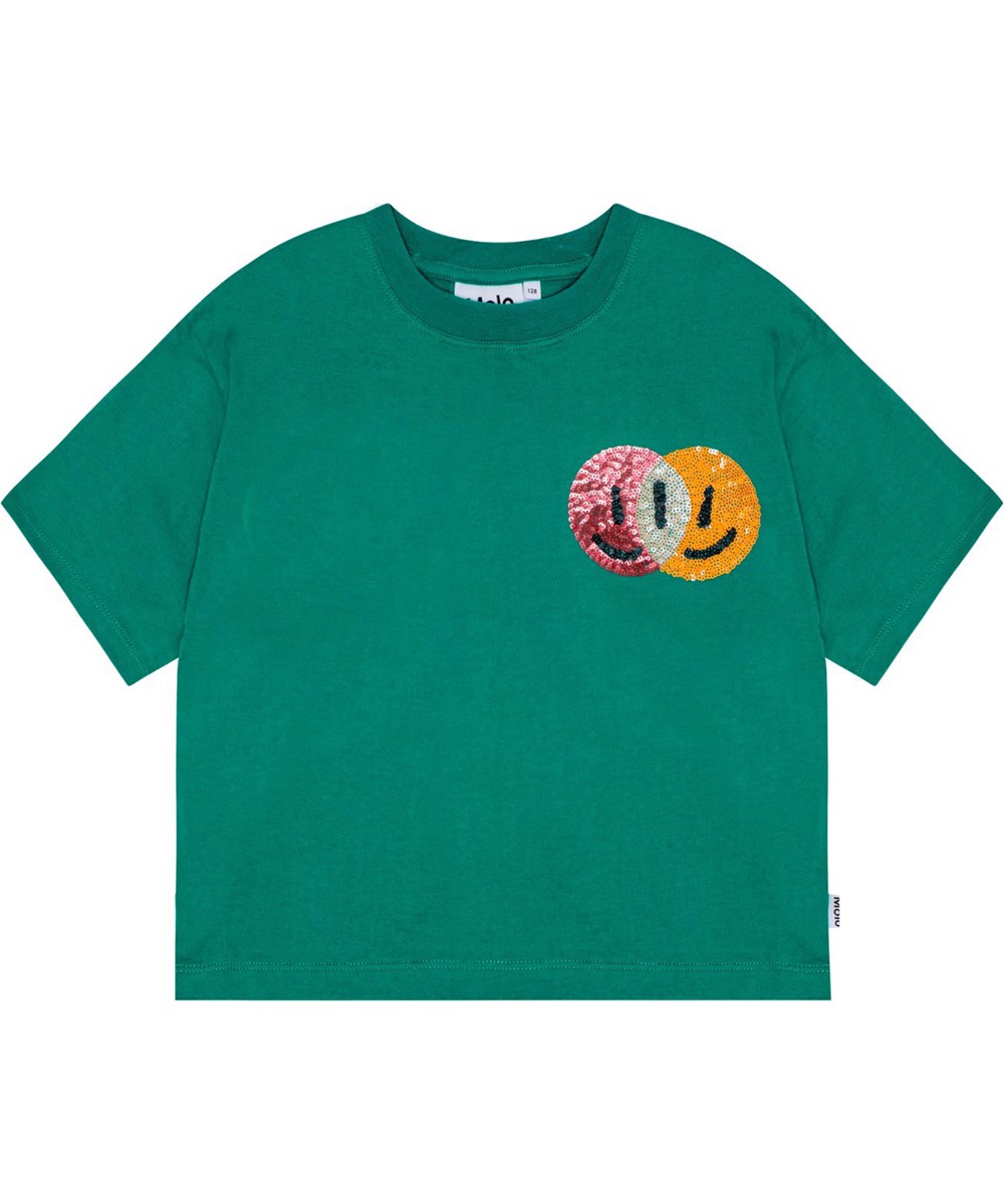 Reinette - Glitter Together - T-Shirt mit Paillettenstickerei von lächelnden Gesichtern.