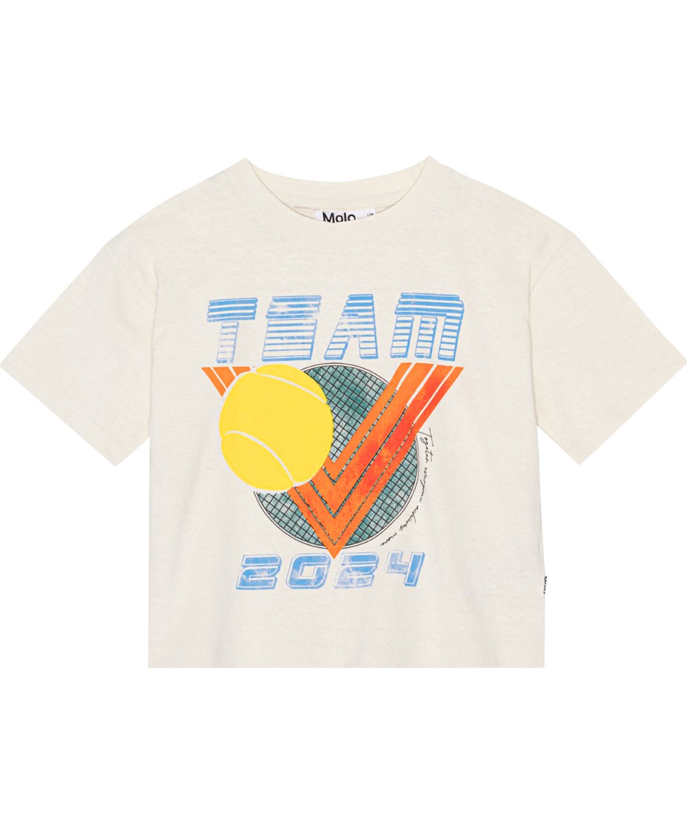 Reinette - Vintage Tennis - Weißes Kurzarm-T-Shirt aus 100% Baumwolle mit feinem Tennis-Print auf der Brust