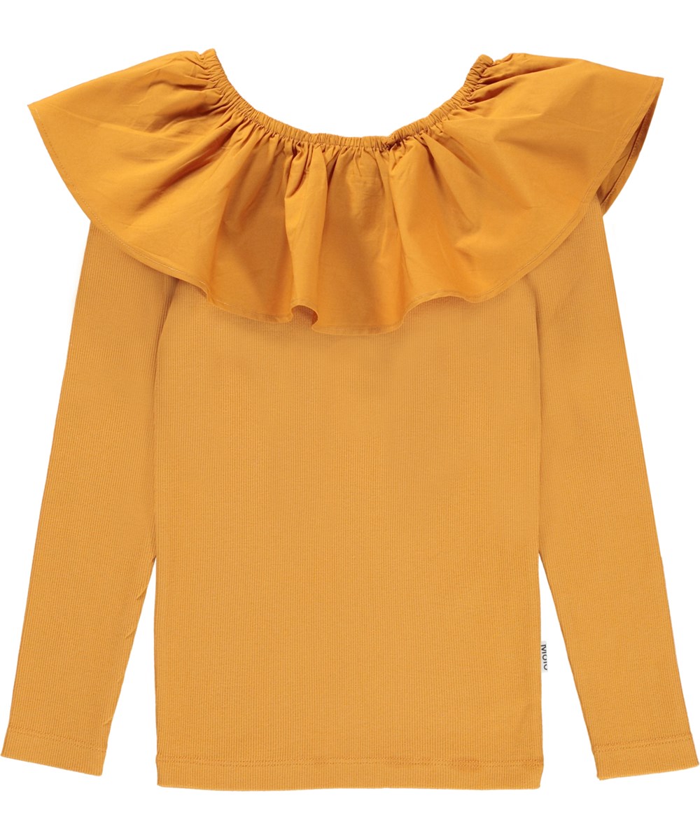 Renate - Old Gold - Goldene Öko-Bluse mit Rüschenkragen
