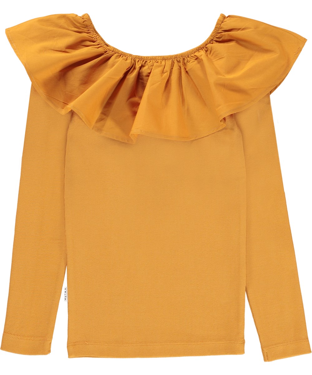 Renate - Old Gold - Goldene Öko-Bluse mit Rüschenkragen