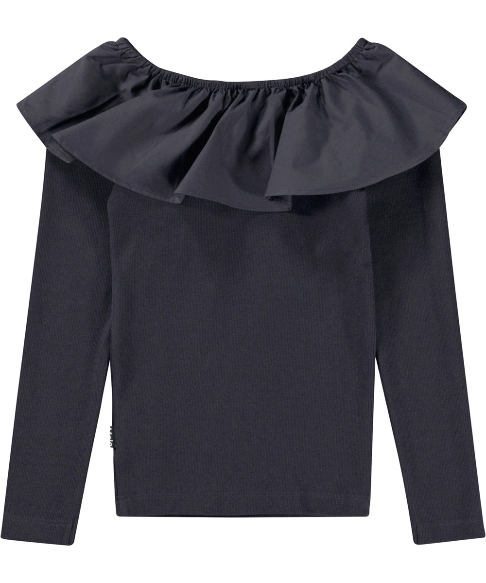 Renate - Purple Black - Schwarzes Öko Langarm-Top mit Popline-Kragen