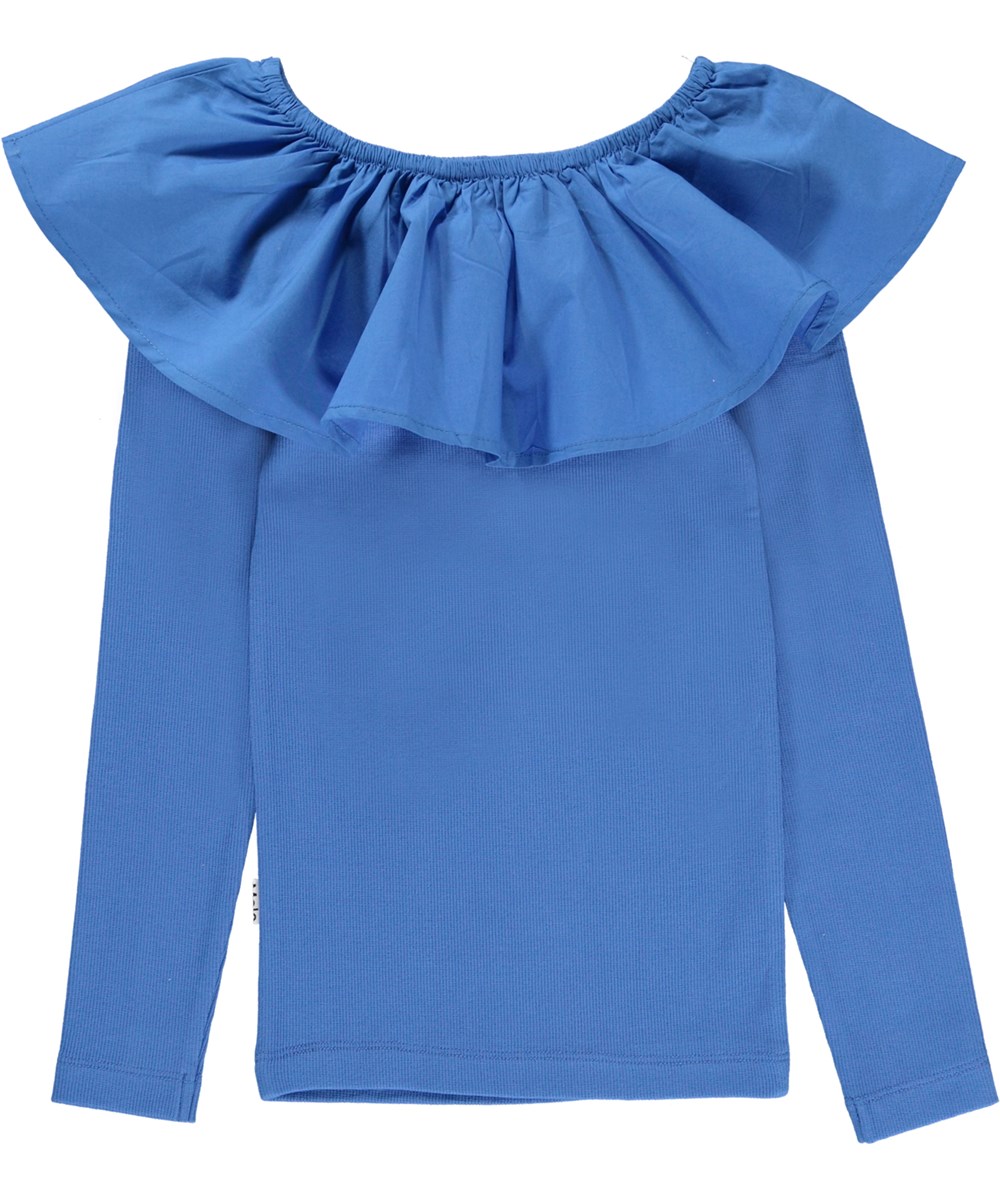 Renate - Stilleben Blue - Blaue Öko-Bluse mit Rüschenkragen