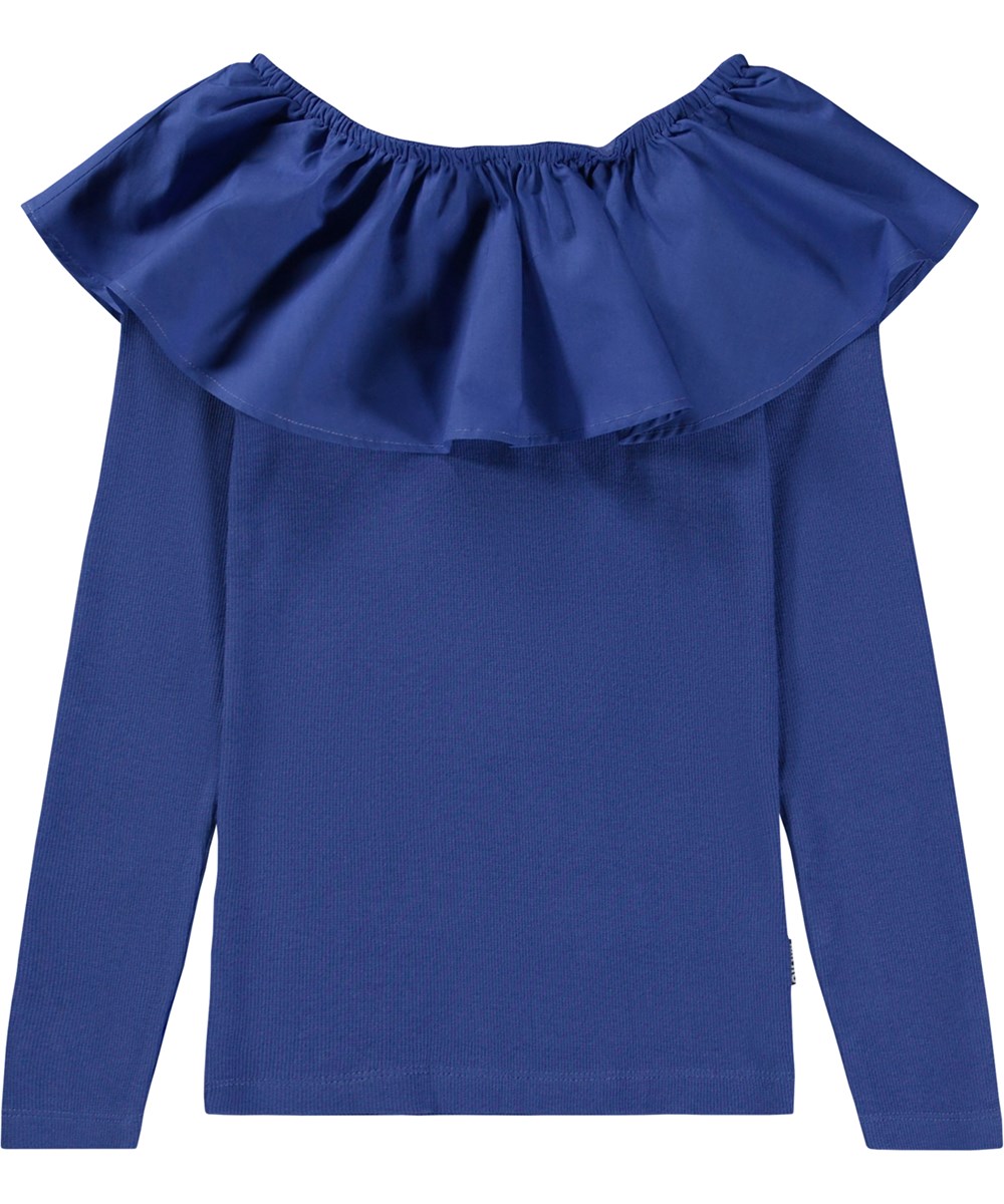 Renate - Twillight Blue - Dunkelblaues Öko-Langarm-Top mit Popeline-Kragen