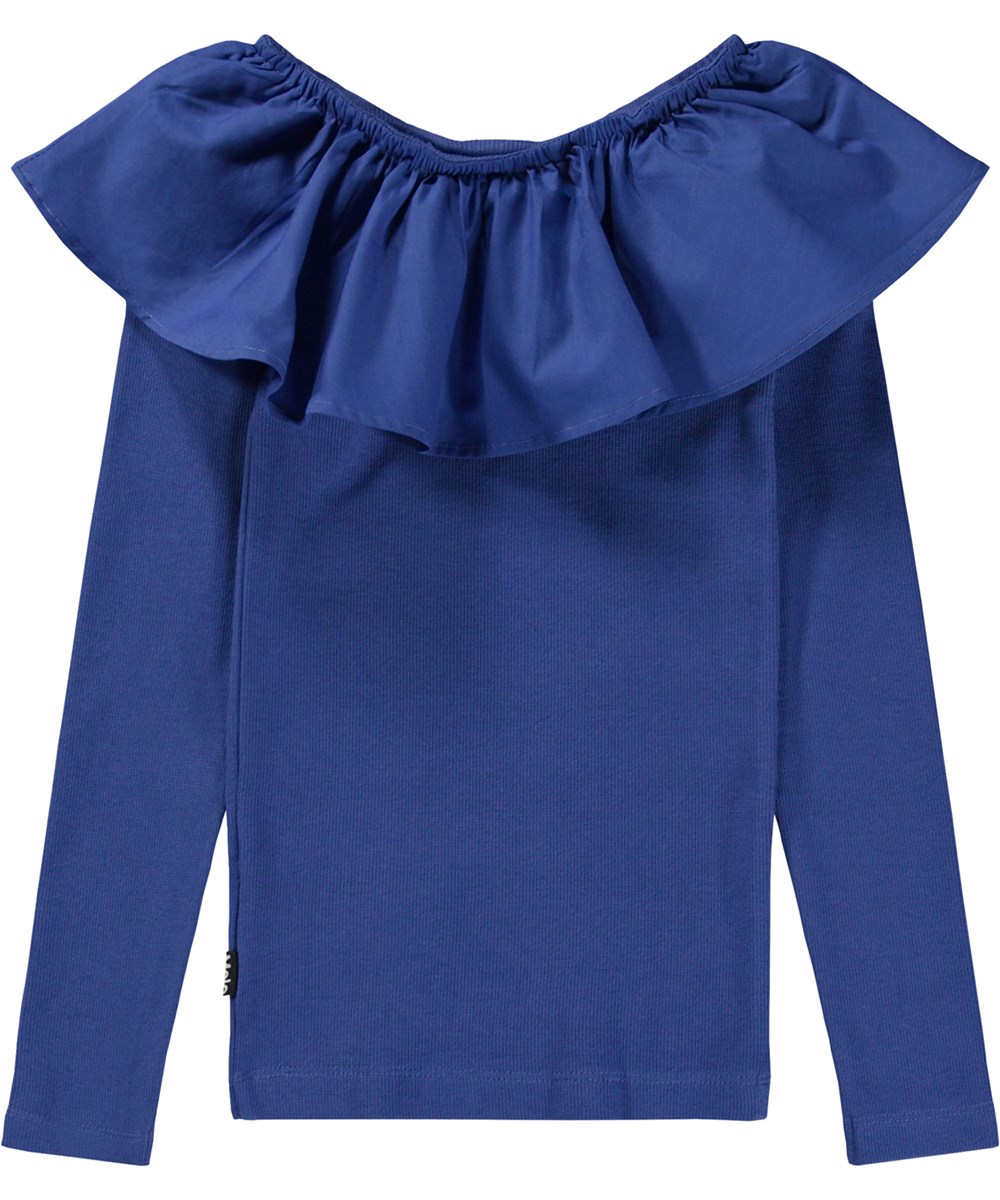 Renate - Twillight Blue - Dunkelblaues Öko-Langarm-Top mit Popeline-Kragen