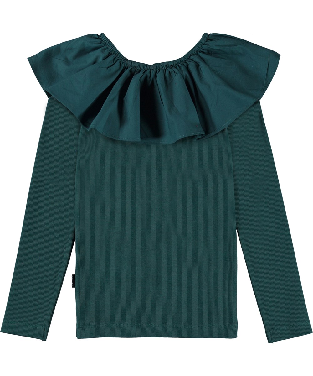 Renate - Wilderness - Dunkelgrüne Öko-Bluse mit Rüschenkragen