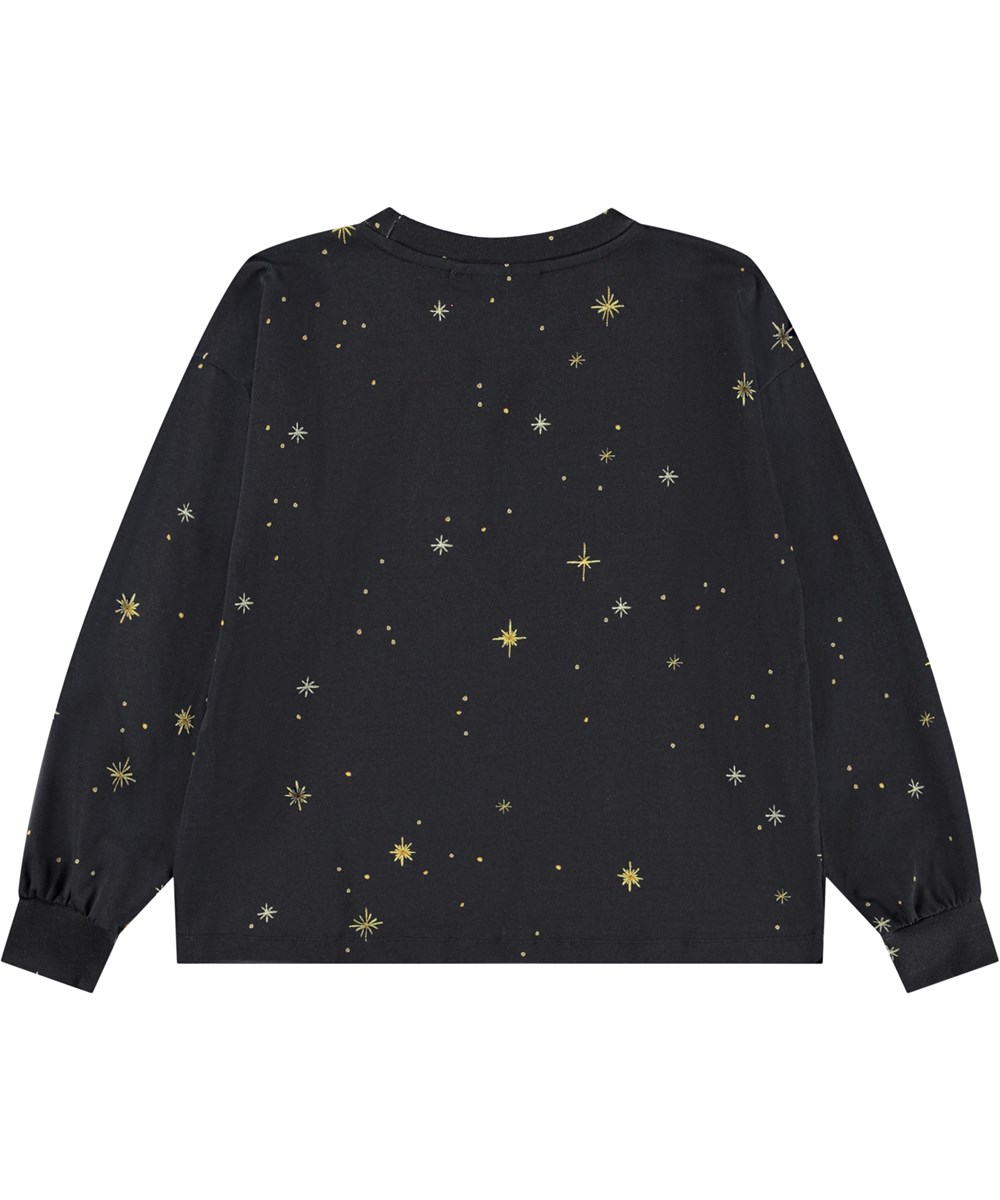 Reniza - Astral Unicorn - Schwarzes Langarmshirt für Kinder aus weicher Bio-Baumwolle mit gerippten Bündchen und Ausschnitt sowie einem Aufdruck von goldenen Sternen und einem Einhorn.