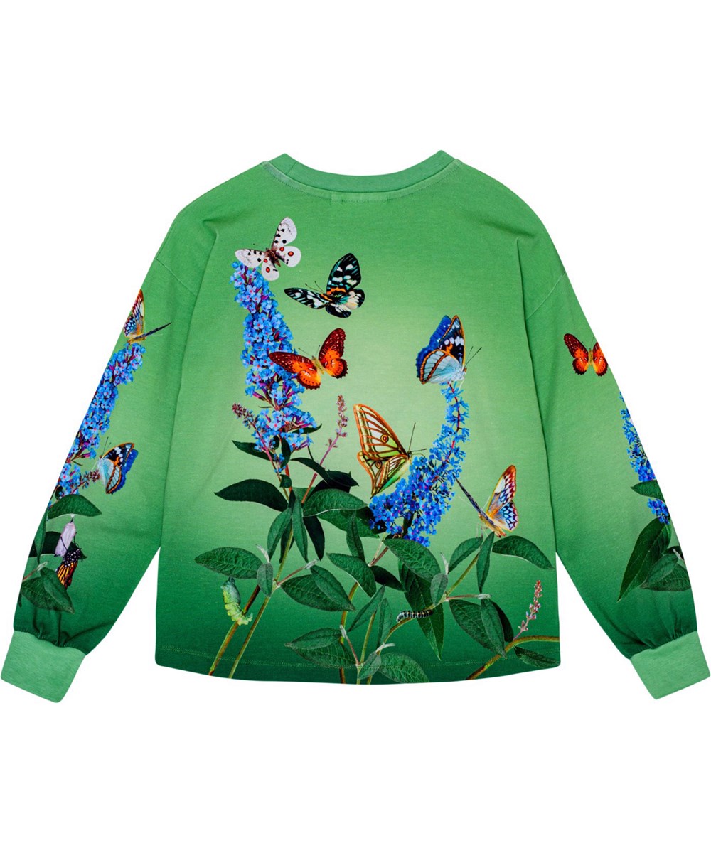 Reniza - Busy Buddleja - Lockere grüne Bluse mit Schmetterlingsmuster.