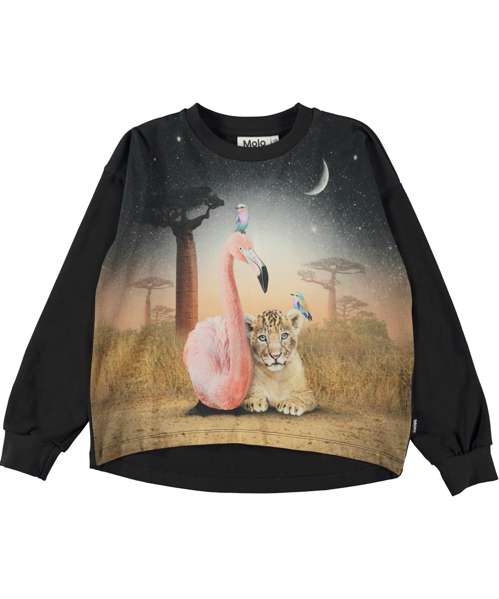 Reniza - Flamingo And Cub - Schwarze Öko-Bluse mit Flamingo- und Leopardenmuster