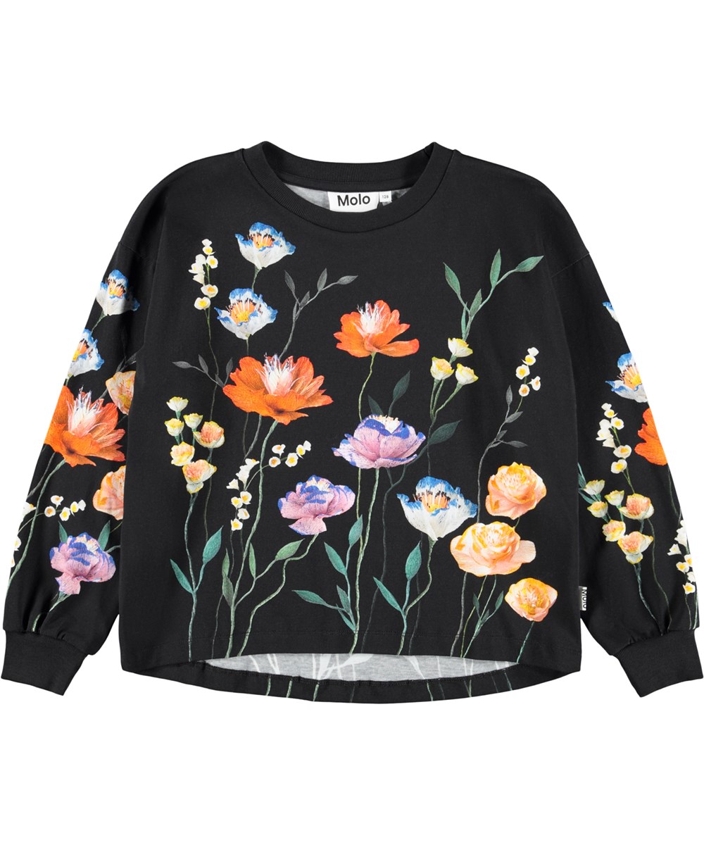 Reniza - Flower Picking - Schwarzes Langarmshirt für Kinder aus weicher Bio-Baumwolle mit gerippten Bündchen und Ausschnitt sowie einem Druck bunter Papierblumen.
