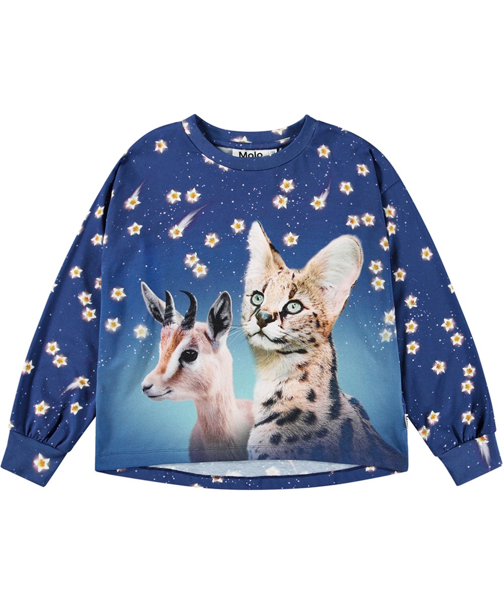 Reniza - Shooting Stars - Blaue Bluse aus Öko-Baumwolle mit lockerer Passform, Rundhalsausschnitt und gerippten Abschlüssen.