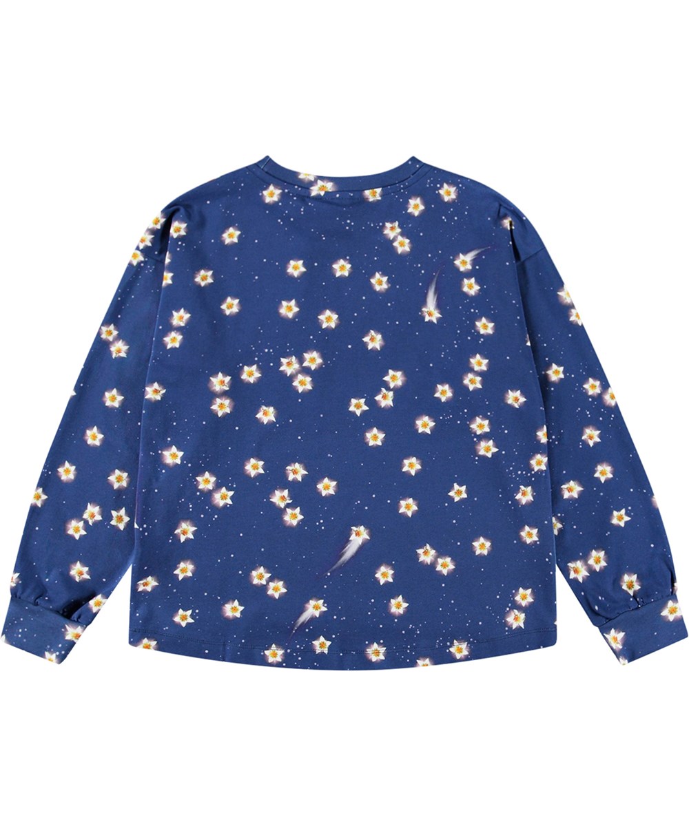 Reniza - Shooting Stars - Blaue Bluse aus Öko-Baumwolle mit lockerer Passform, Rundhalsausschnitt und gerippten Abschlüssen.