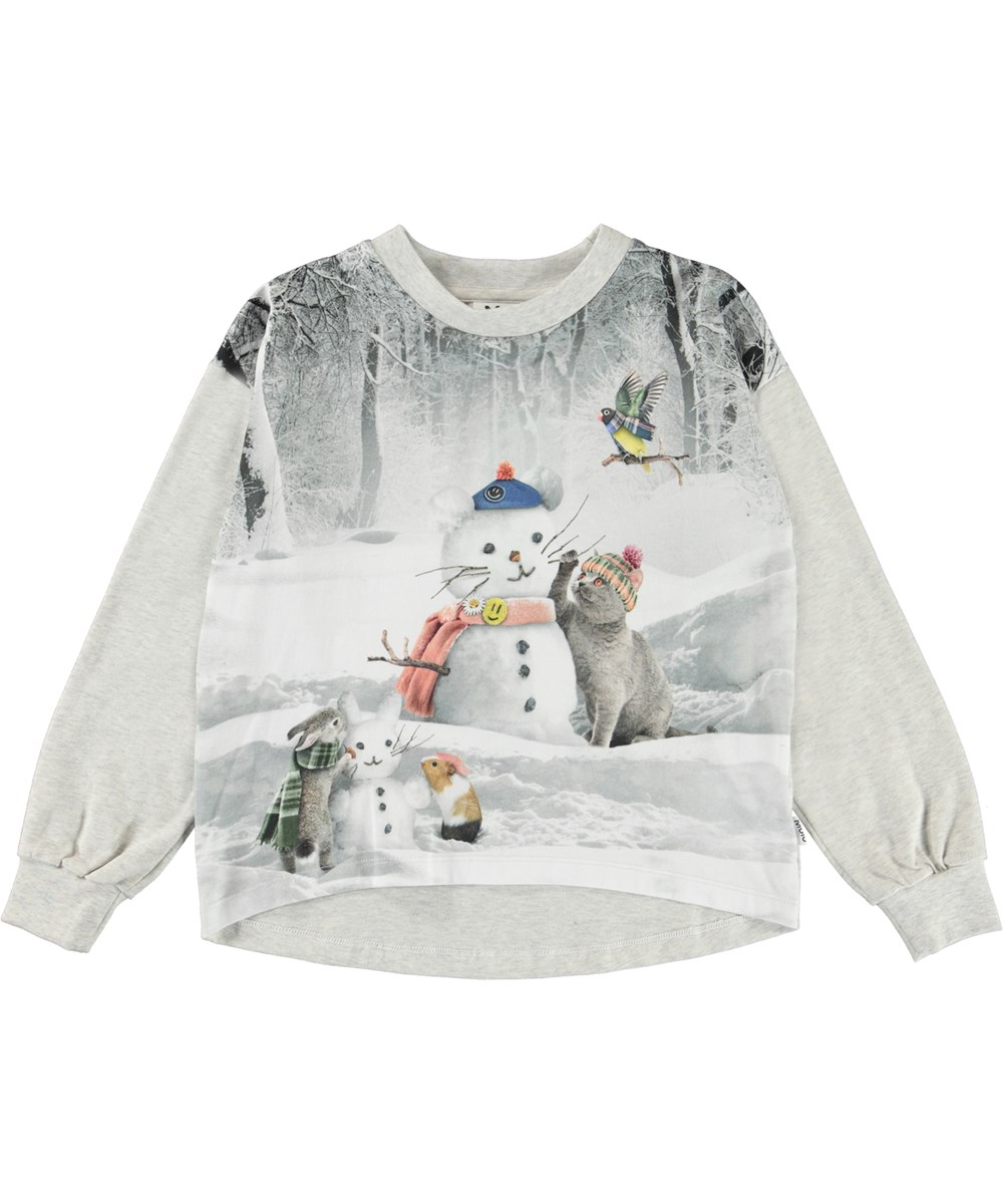 Reniza - Snow Creatures - Graue Öko-Langarmshirt mit Aufdruck Schneemänner und Tiere