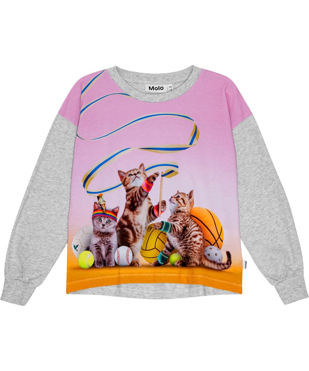 Reniza - Sporty Cats - Grau melierte Bluse aus Öko-Baumwolle mit Kätzchen-Print.