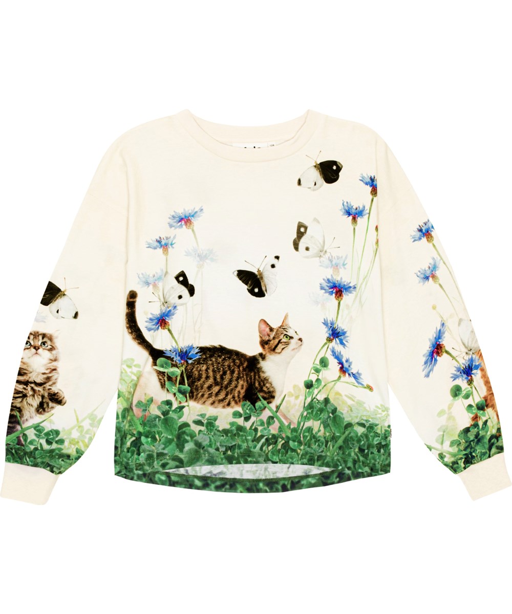 Reniza - Yin Yang Kitten - Weißes Shirt aus Öko-Baumwolle mit Allover-Print aus neugierigen Kätzchen