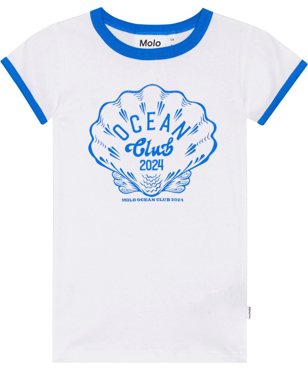 Rhiannon - Ocean Club - Weißes, eng anliegendes T-Shirt aus Öko-Baumwolle mit Muschelaufdruck auf der Vorderseite