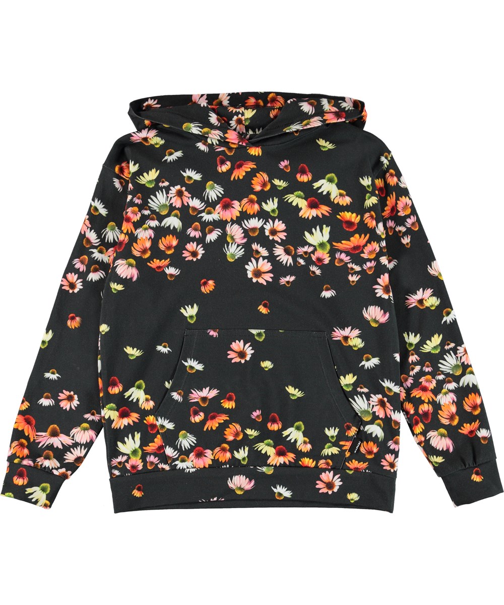 Rhona - Echinacea - Schwarzer Öko-Hoodie mit Blumen