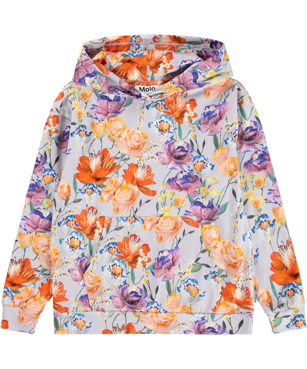 Rhona - Paper Flowers - Hellvioletter Kapuzenpullover für Kinder aus weicher, biologischer Baumwolle mit einem Druck bunter Papierblumen.