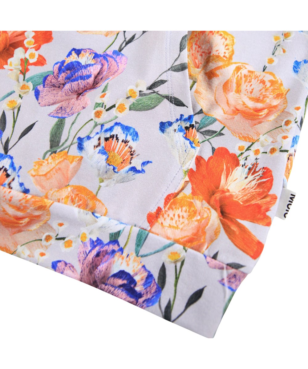 Rhona - Paper Flowers - Hellvioletter Kapuzenpullover für Kinder aus weicher, biologischer Baumwolle mit einem Druck bunter Papierblumen.